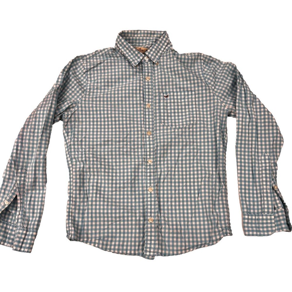 Hollister Gingham Button-Up Shirt - Blue White Checkered Long Sleeve - Size M -